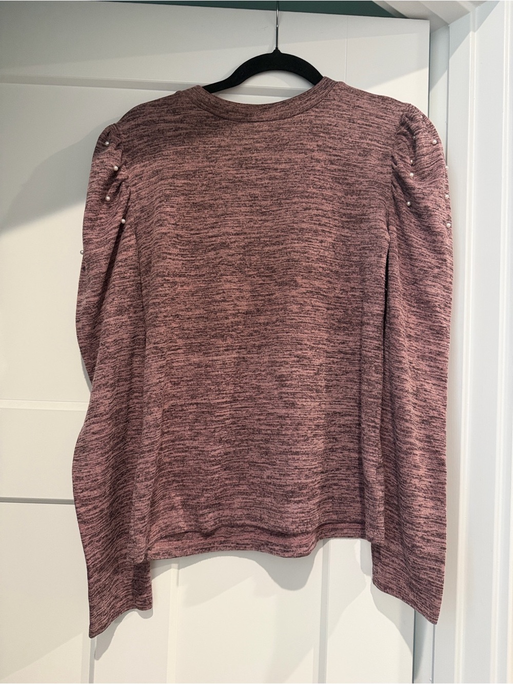 Size L Women’s Marled Pink Pearl-Accent Long Sleeve Top